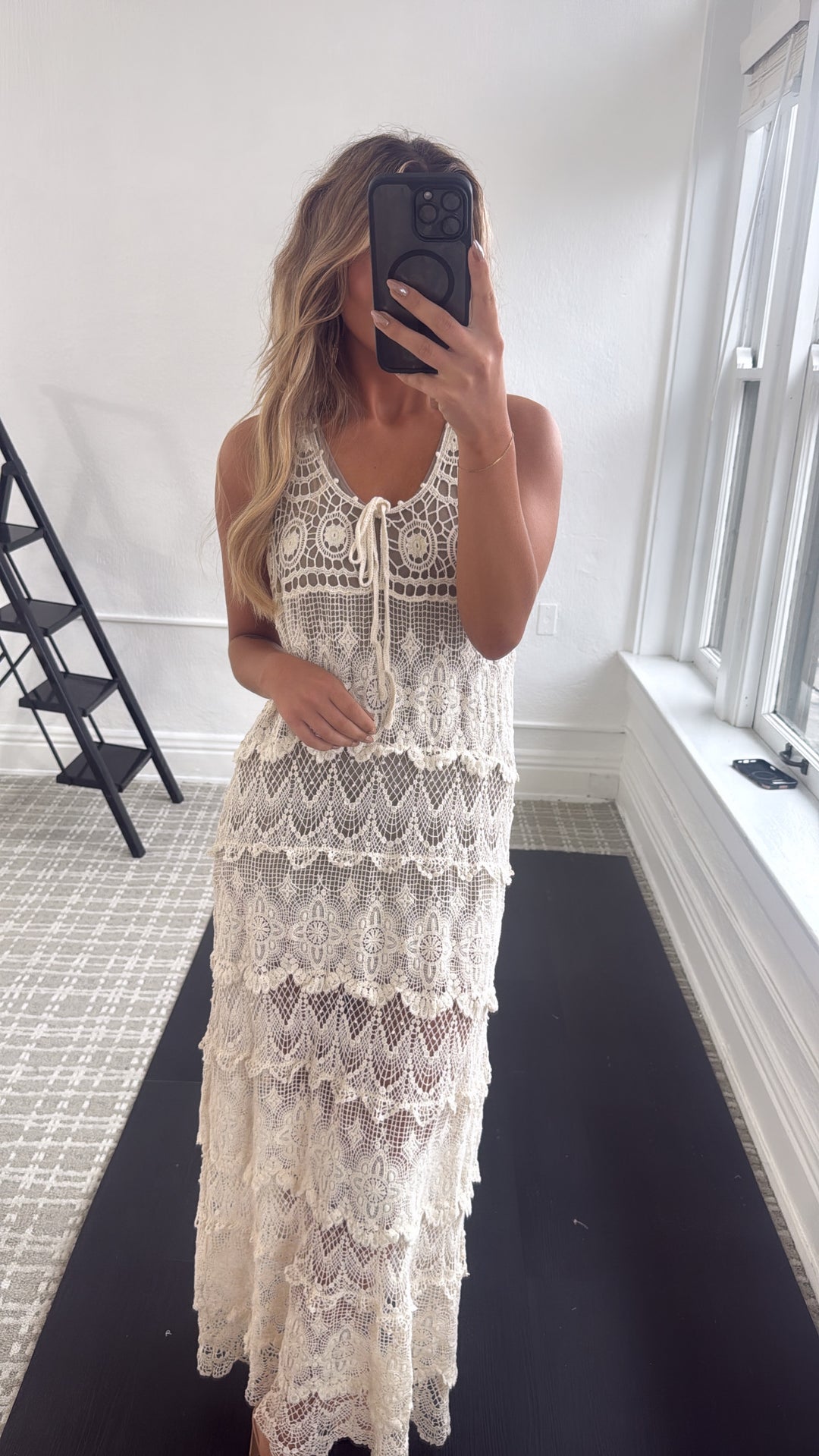 Into The Sun Crochet V Neck Maxi Dress, Natural M/L Into The Sun Crochet V Neck Maxi Dress, Natural M/L