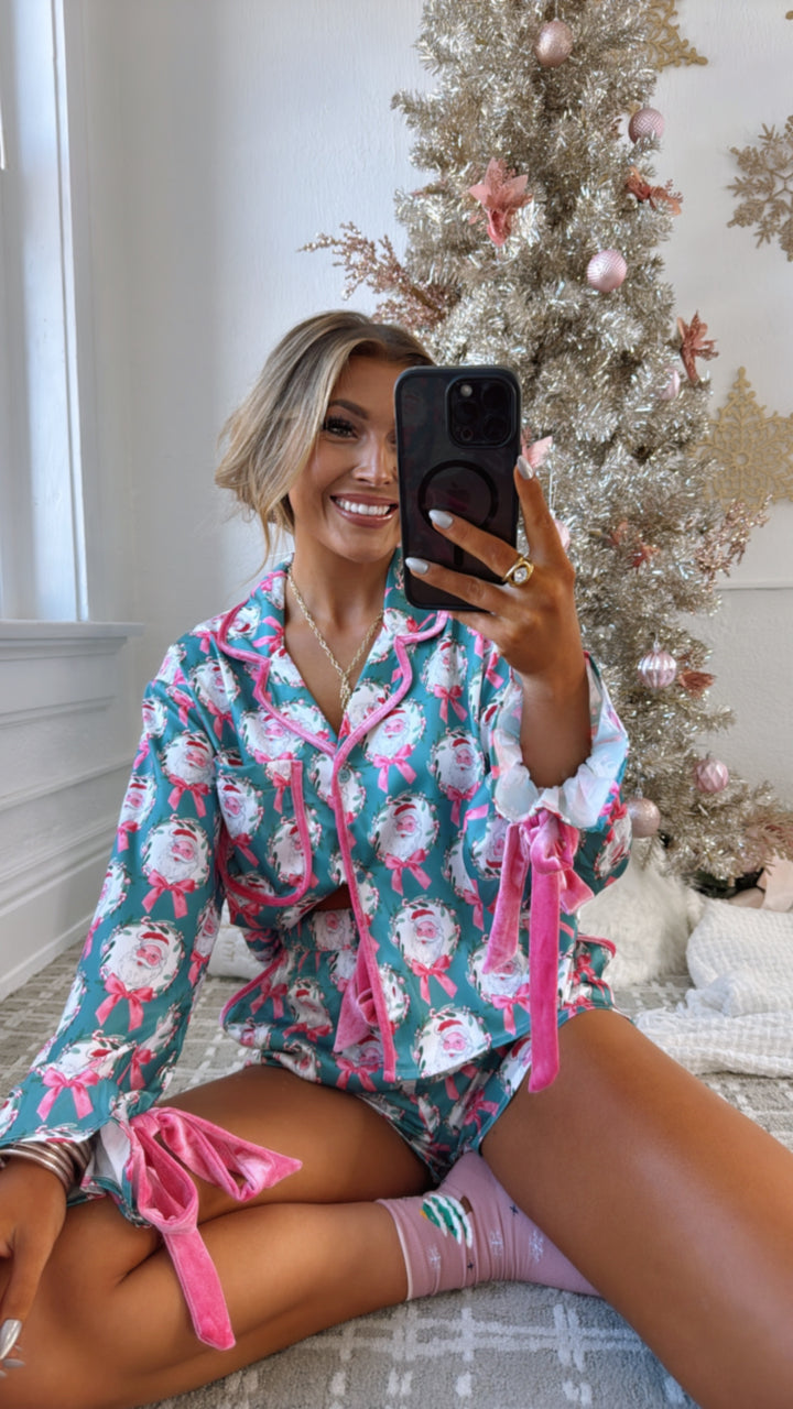 Season Greetings Silk Santa Bow Pajama Set, Teal