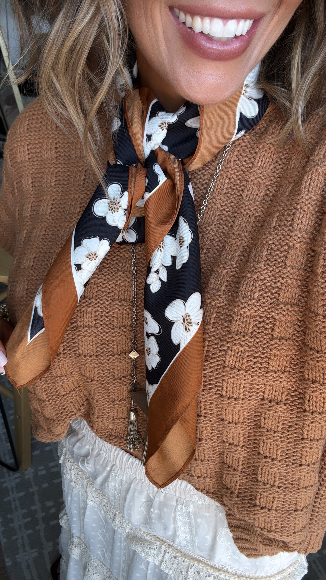 Silk Flower Power Twilly Scarf, Navy