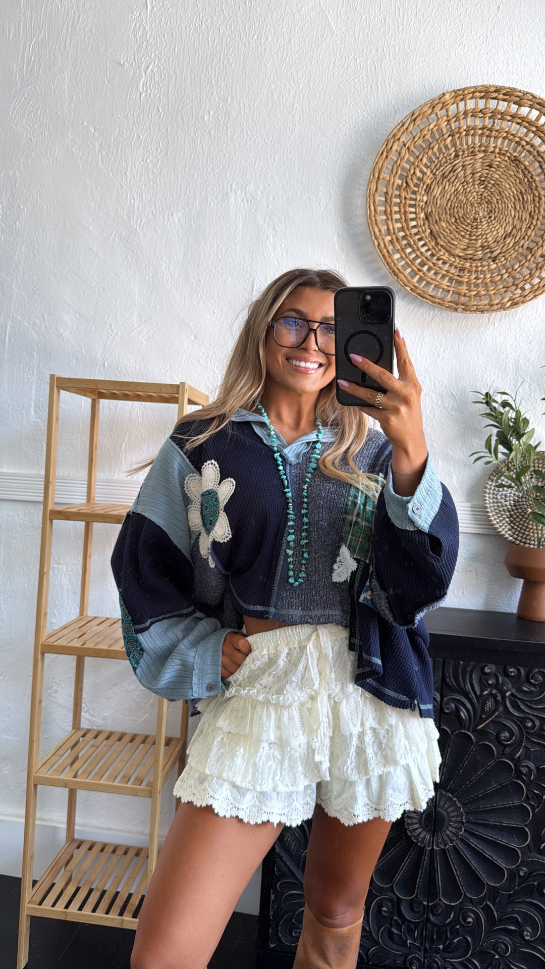 Sweet Impression Patchwork Long Sleeve Top, Indigo