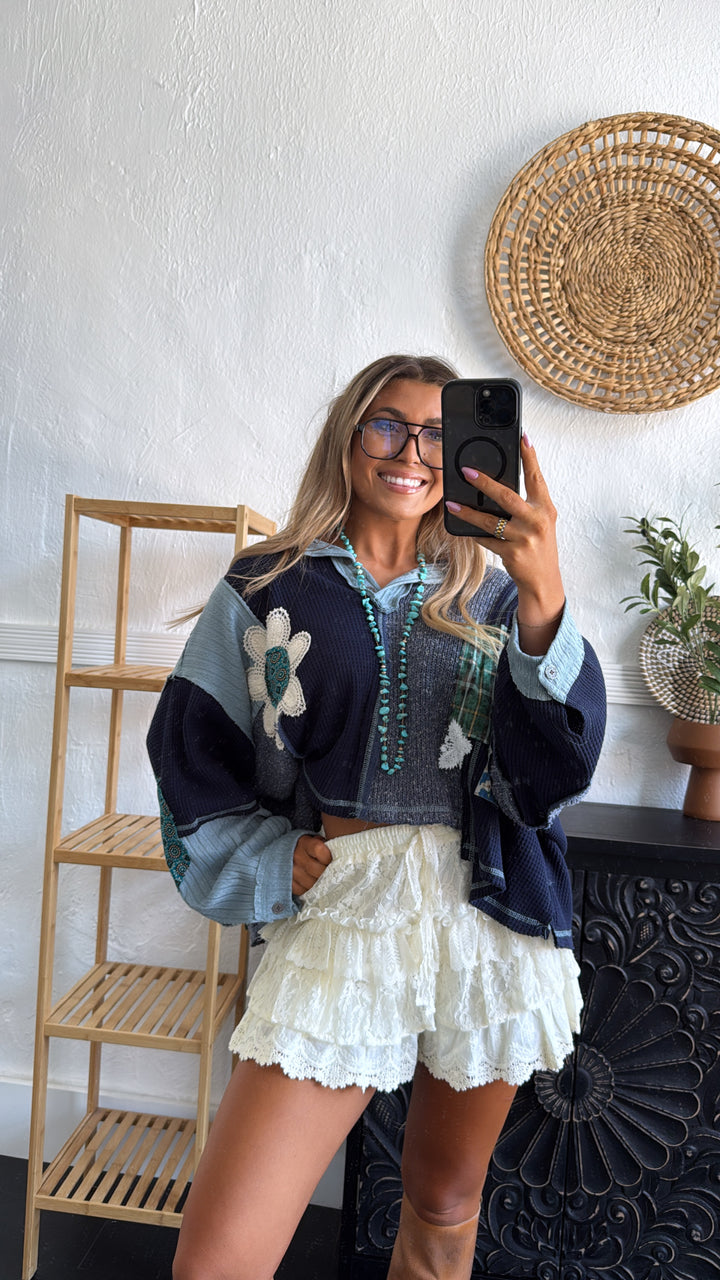 Sweet Impression Patchwork Long Sleeve Top, Indigo