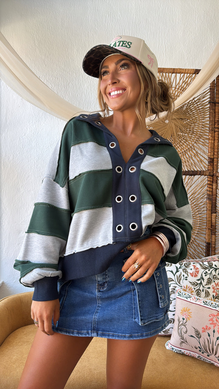 Oxford Pines Cropped Pullover, Forest/Navy