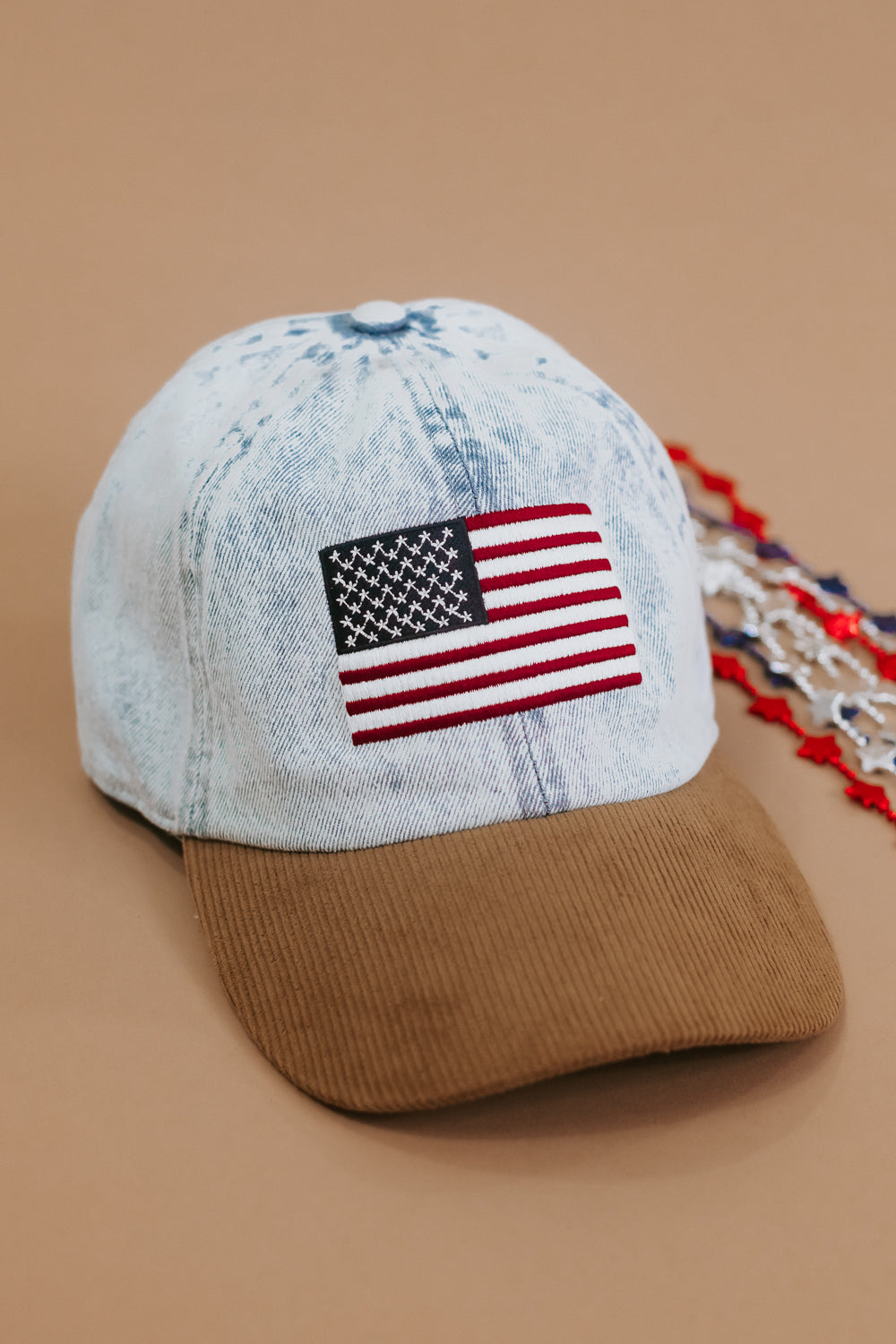 American Flag Embroidered Baseball Cap With Corduroy brim