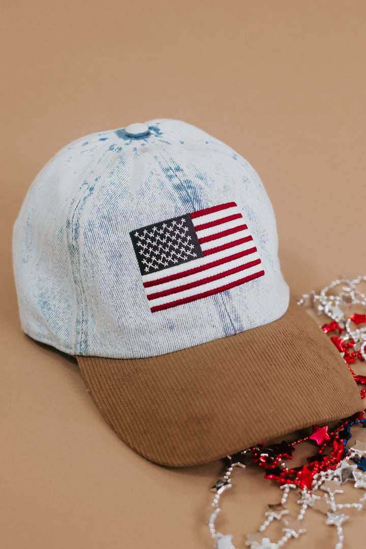 American Flag Embroidered Baseball Cap With Corduroy brim