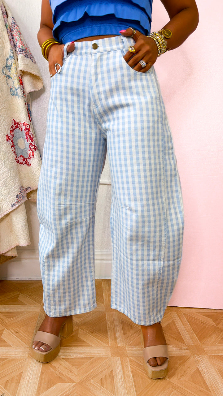 Gingham Blues Barrel Jeans, LT.Blue