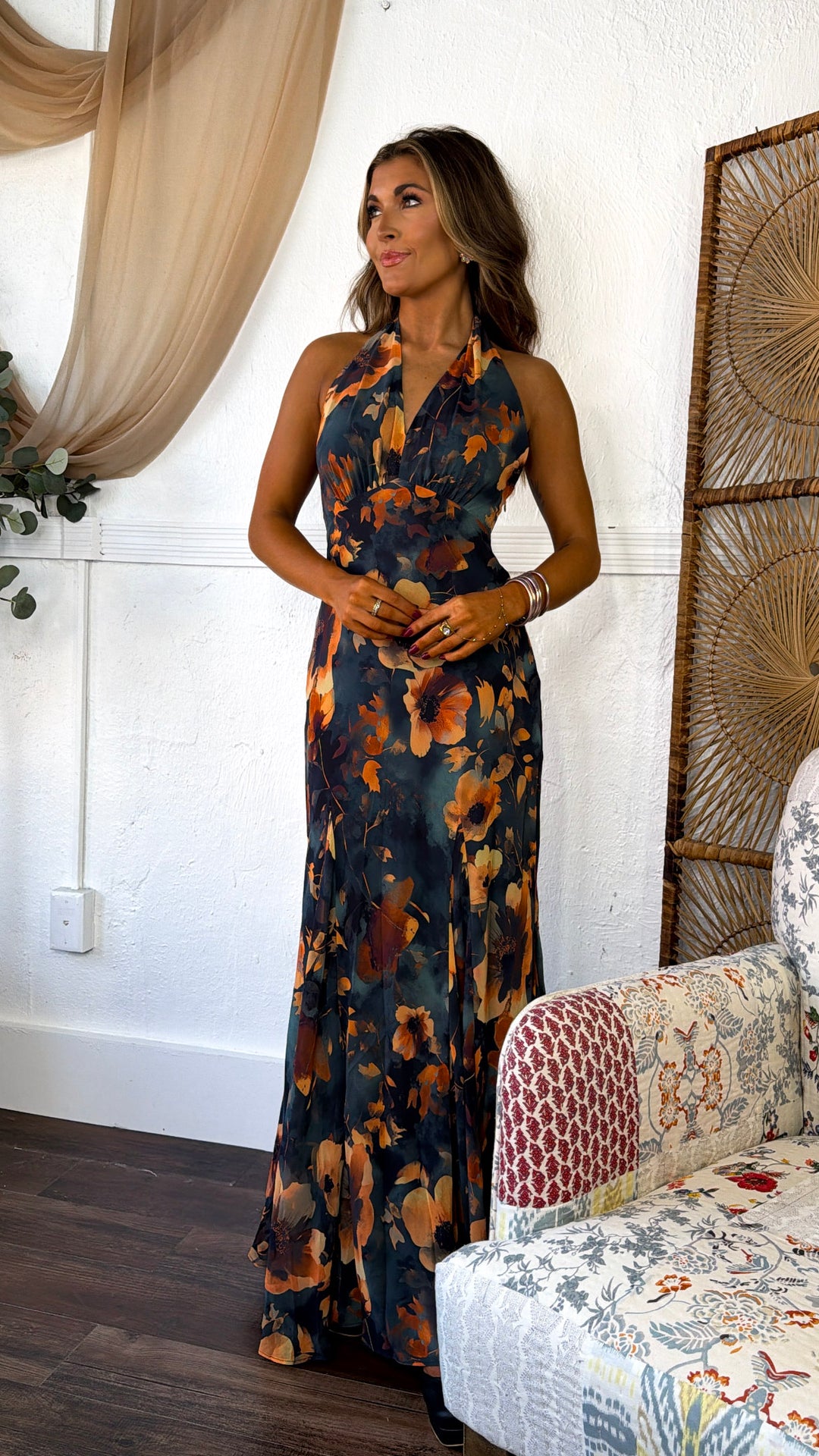 Moody Floral Nights Maxi Dress, Midnight Teal