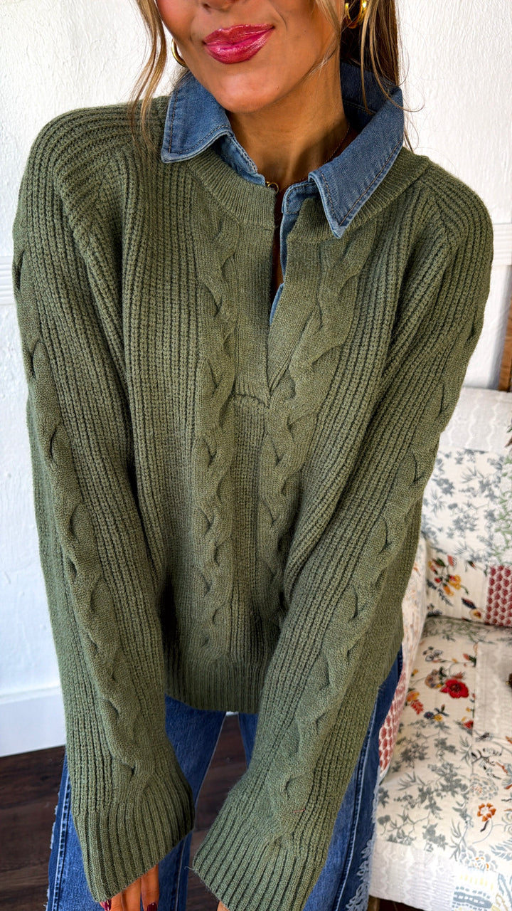 Denim Lined Sweater, Olive