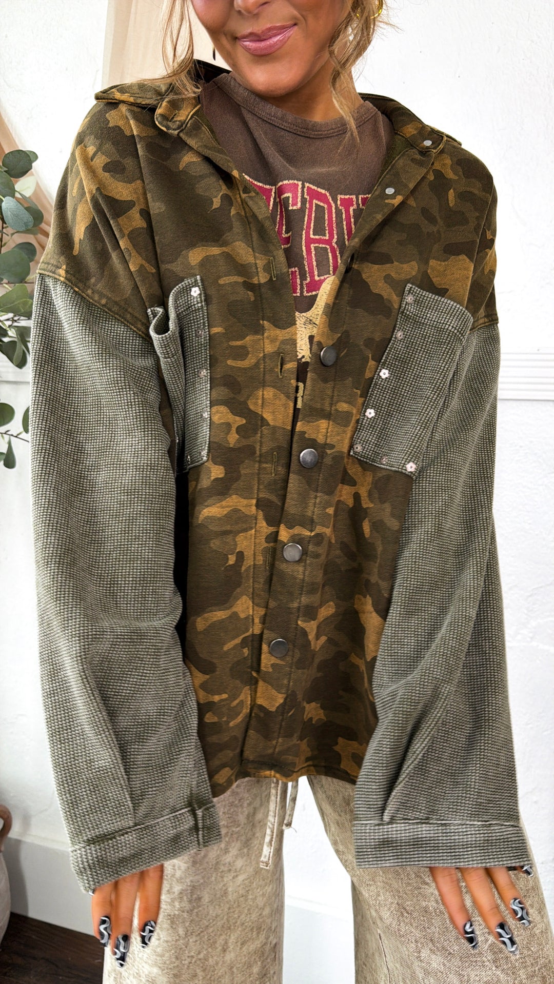 Slightly Camo Button Up Jacket, Olive Camo