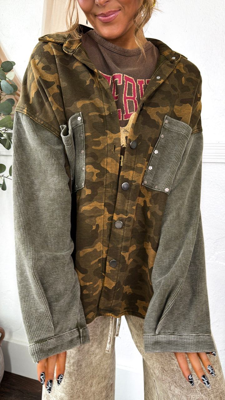 Slightly Camo Button Up Jacket, Olive Camo