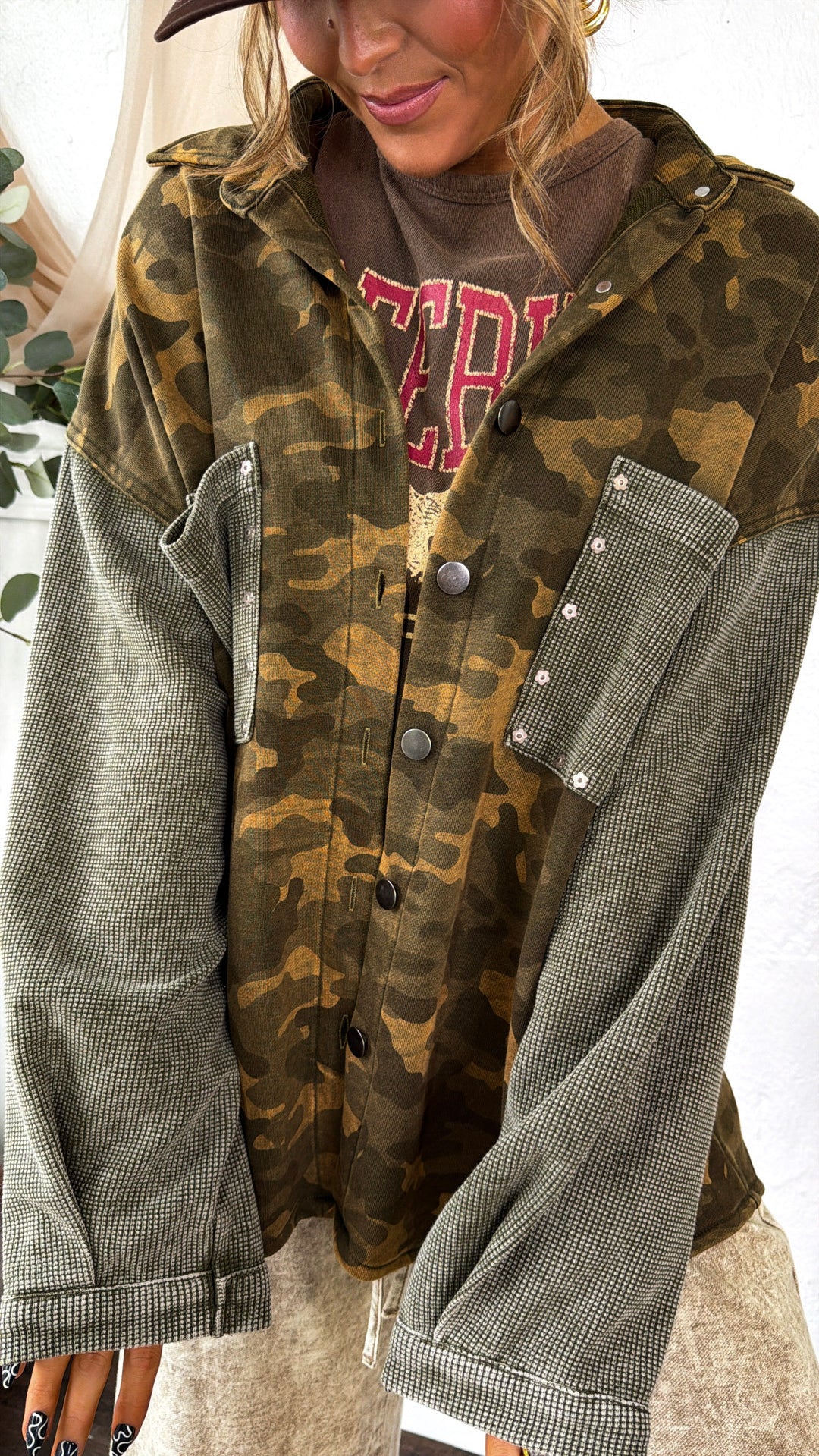 Slightly Camo Button Up Jacket, Olive Camo