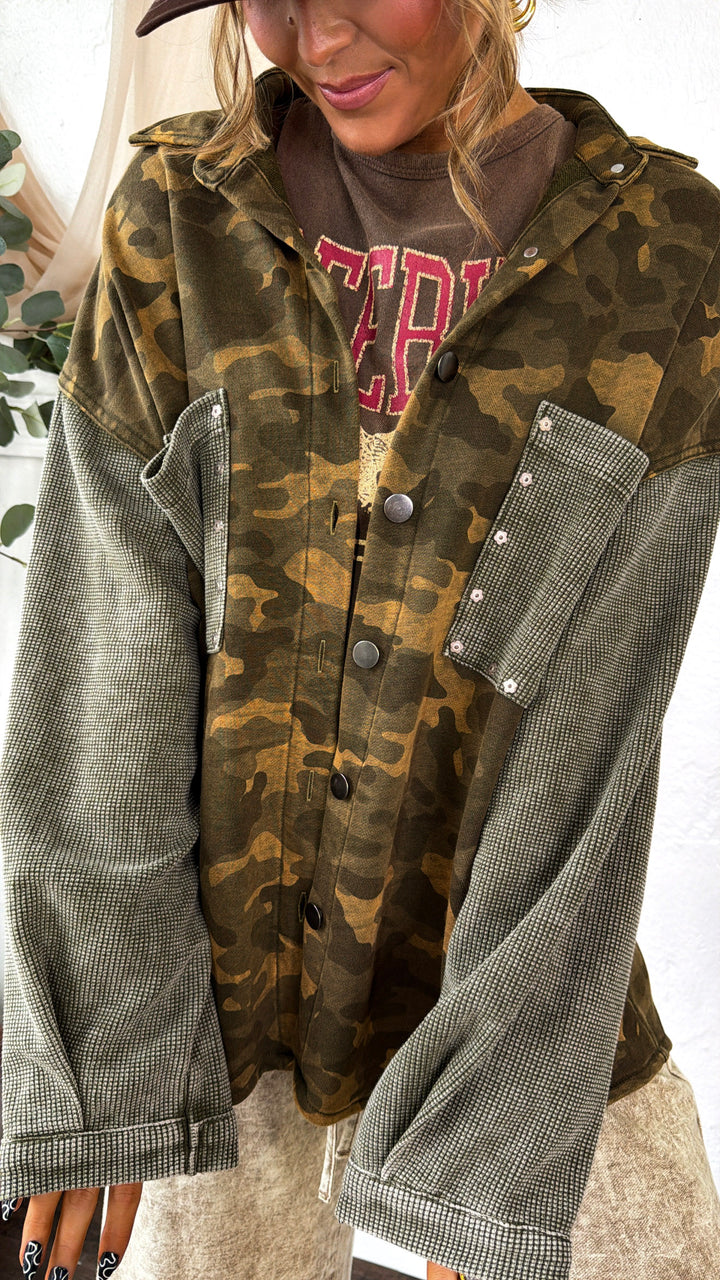 Slightly Camo Button Up Jacket, Olive Camo