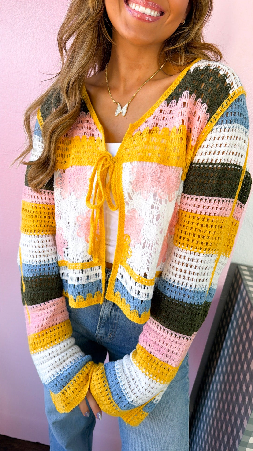 Ocean Stitch Knit Cardigan, Yellow Multi