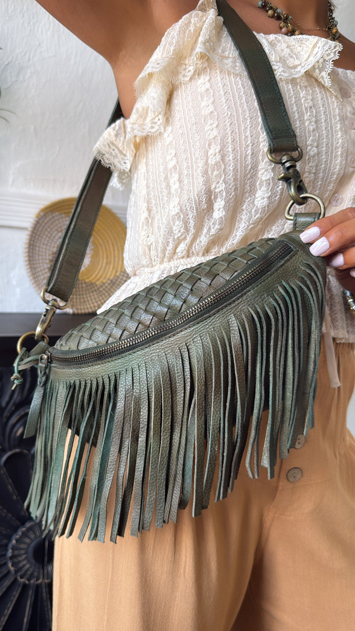 Revival Fringe Fanny Pack, Boho Emerald