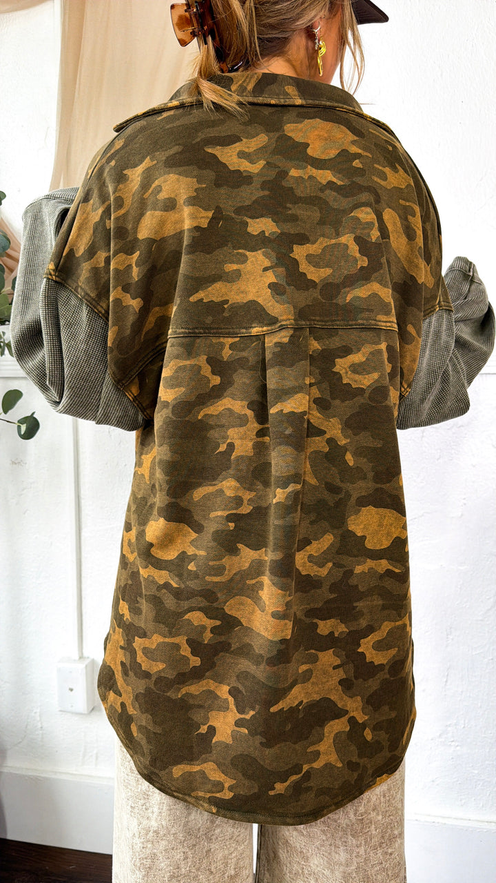 Slightly Camo Button Up Jacket, Olive Camo