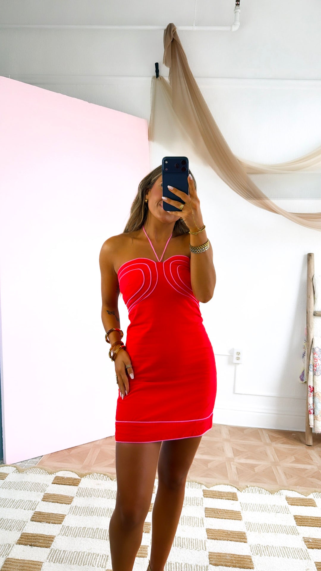 mini cherry red dress Invite Only Ruched Twisted Bust Mini Dress Cherry