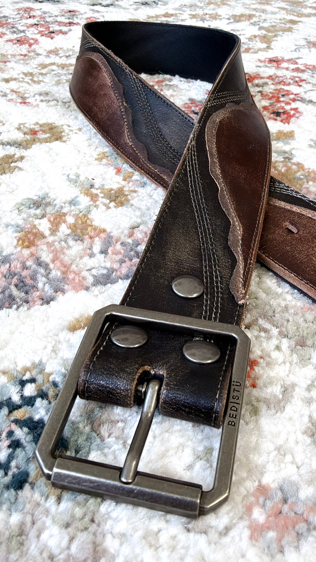 Bedstu Riven Leather Belt, Black Teak Hand Wash