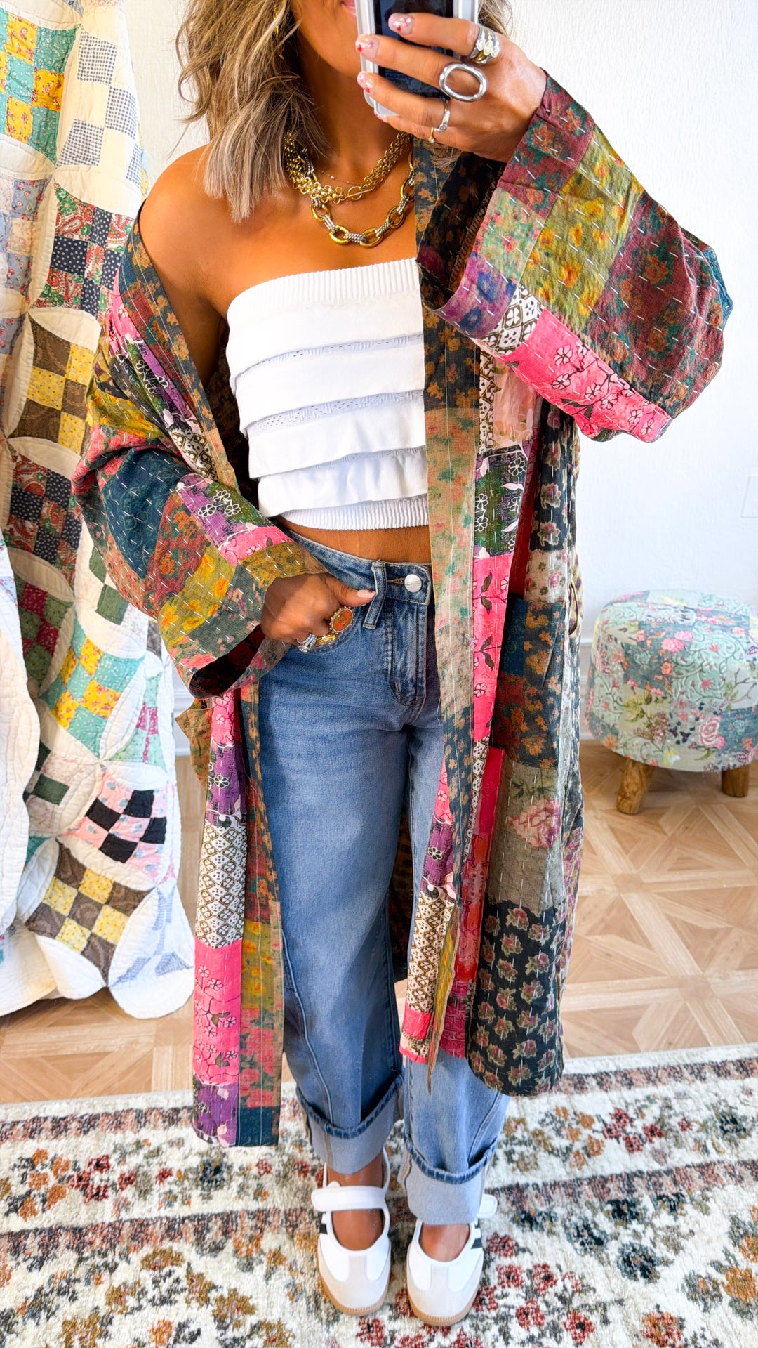 Laguna Mist Patchwork Duster Cardigan, Taupe/Pink/Multi