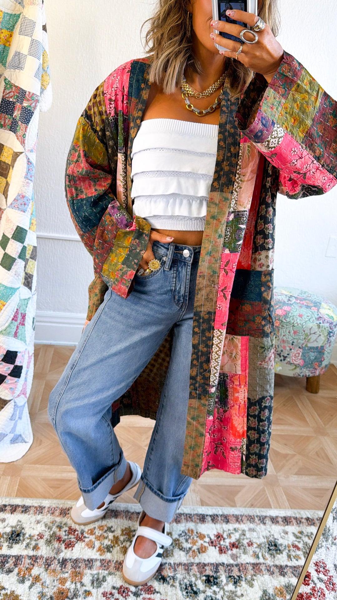 Laguna Mist Patchwork Duster Cardigan, Taupe/Pink/Multi