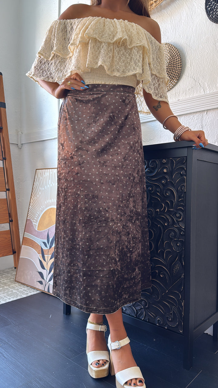 Toasted Fig Velvet Midi Skirt, Brown