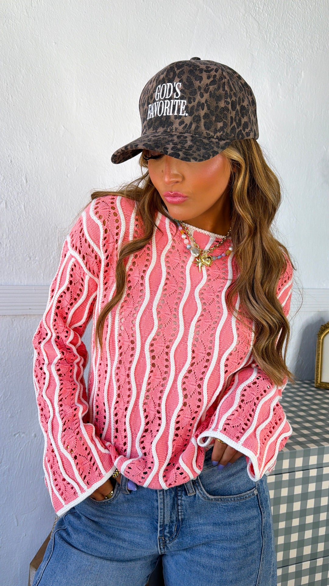 Open Sand Swirly Striped Sweater, Strawberry