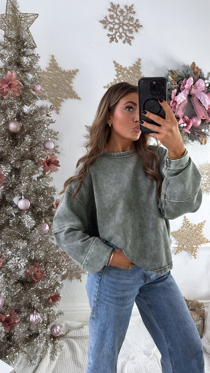 DOORBUSTER: Acid Washed Ribbed Cropped Pullover, DK Olive