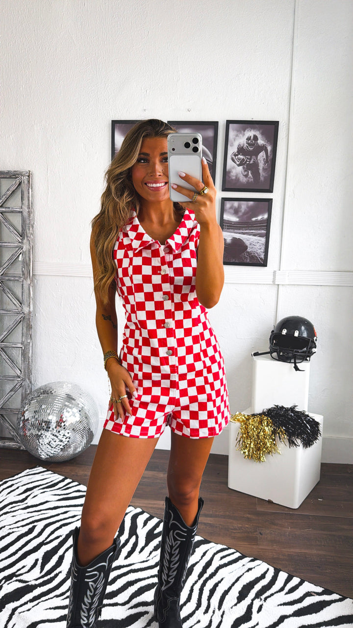 Checkered Babe Romper, Red/White