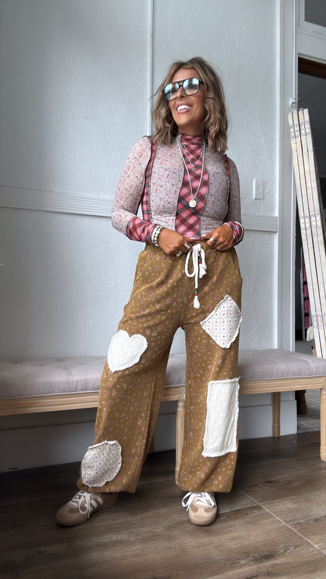 Ditsy Darling Plaid Mesh Top, Brick