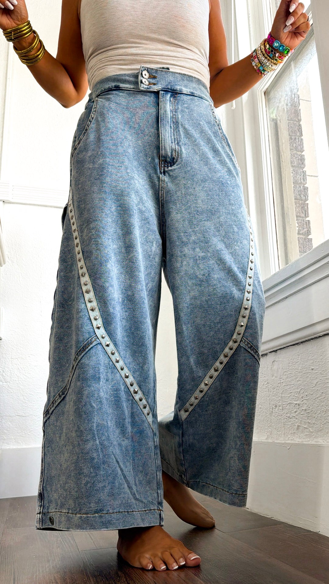 Relaxed Studded Barrel Jeans, Denim