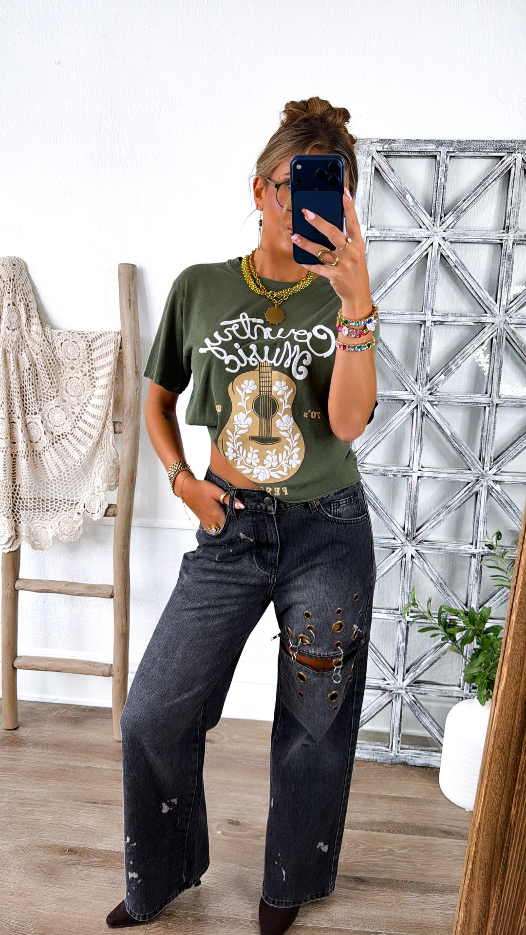 Country Music Guitar Graphic Tee, Olive
