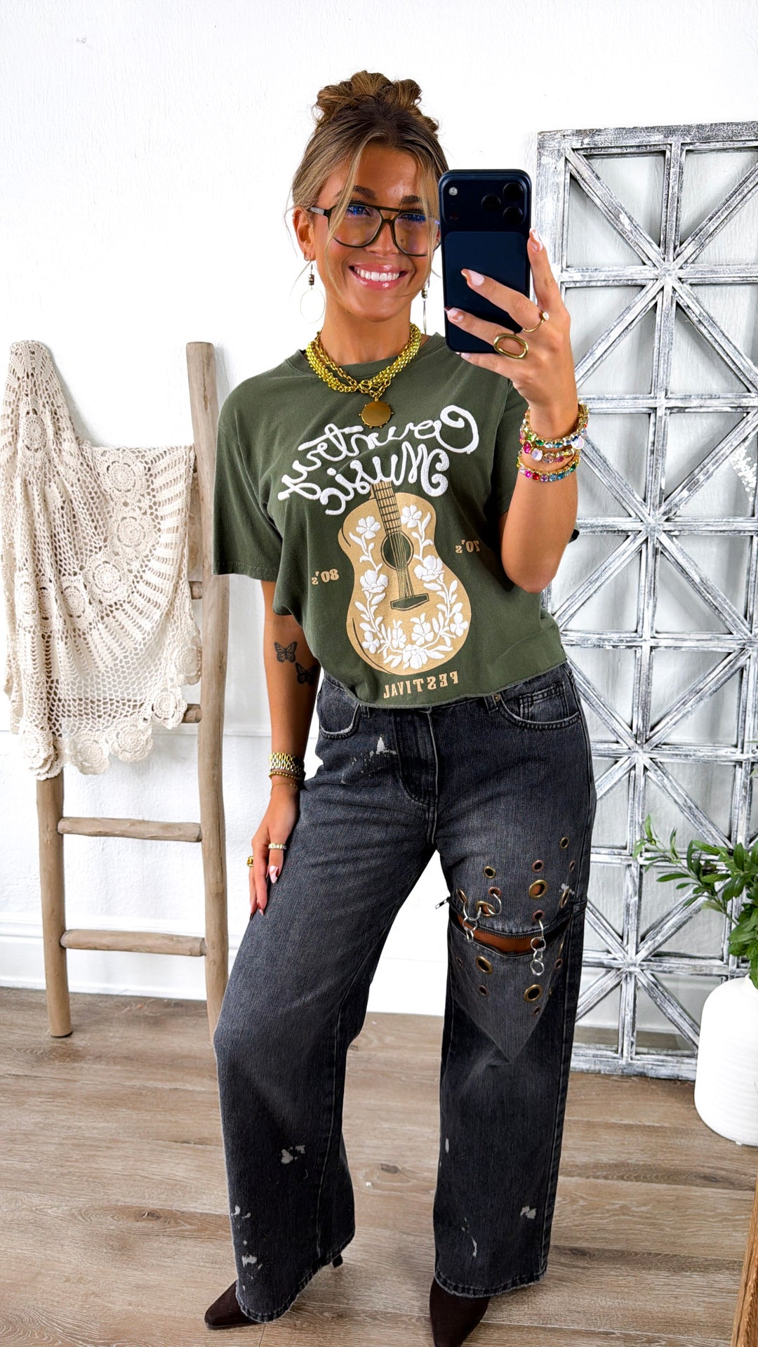 Country Music Guitar Graphic Tee, Olive