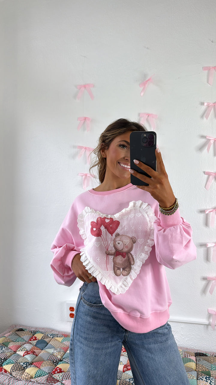 Valentines Bear Patched Sweatshirt, Pink