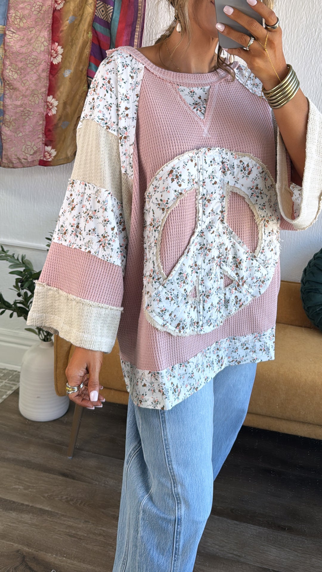 Patched Peace Top, Strawberry Milk