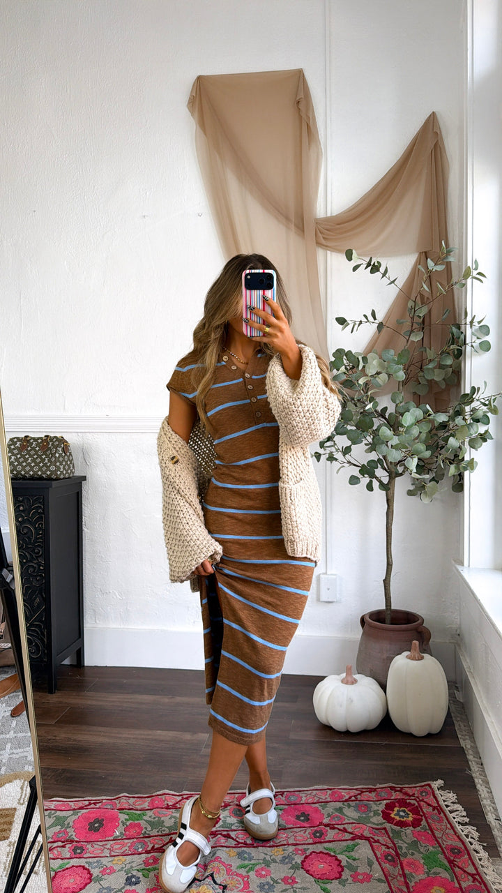 Annabelle Striped Sweater Dress, Chestnut/Capri Blue