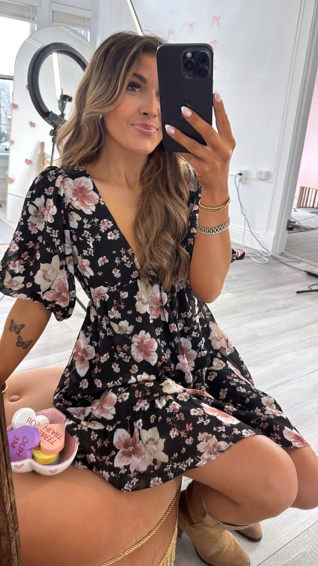 Della Dainty Floral Bubble Sleeve Mini Dress, Fall Black Multi