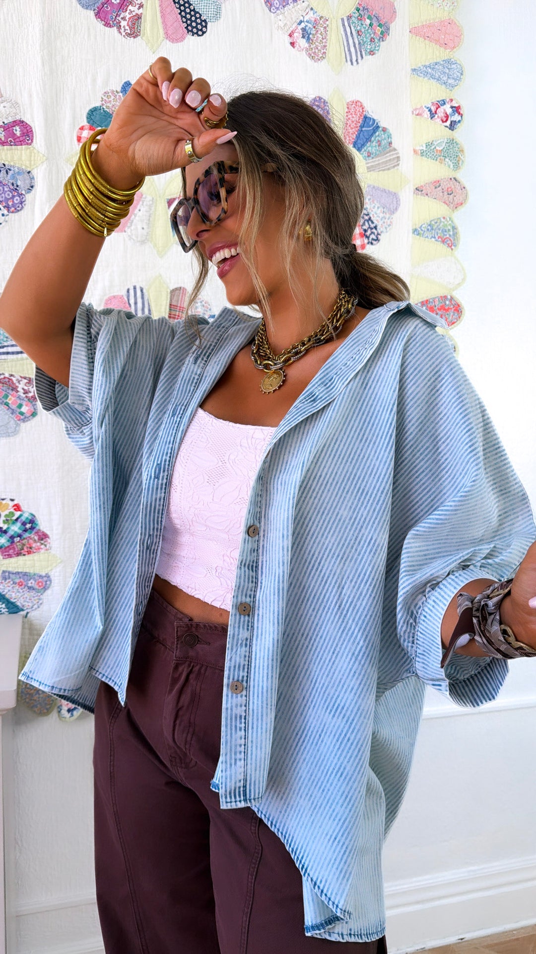 Bexton Button Up Top, Powder Blue