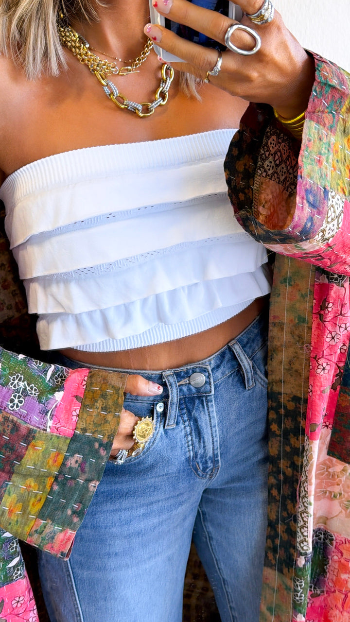 Layered Ruffled Tube Top, White