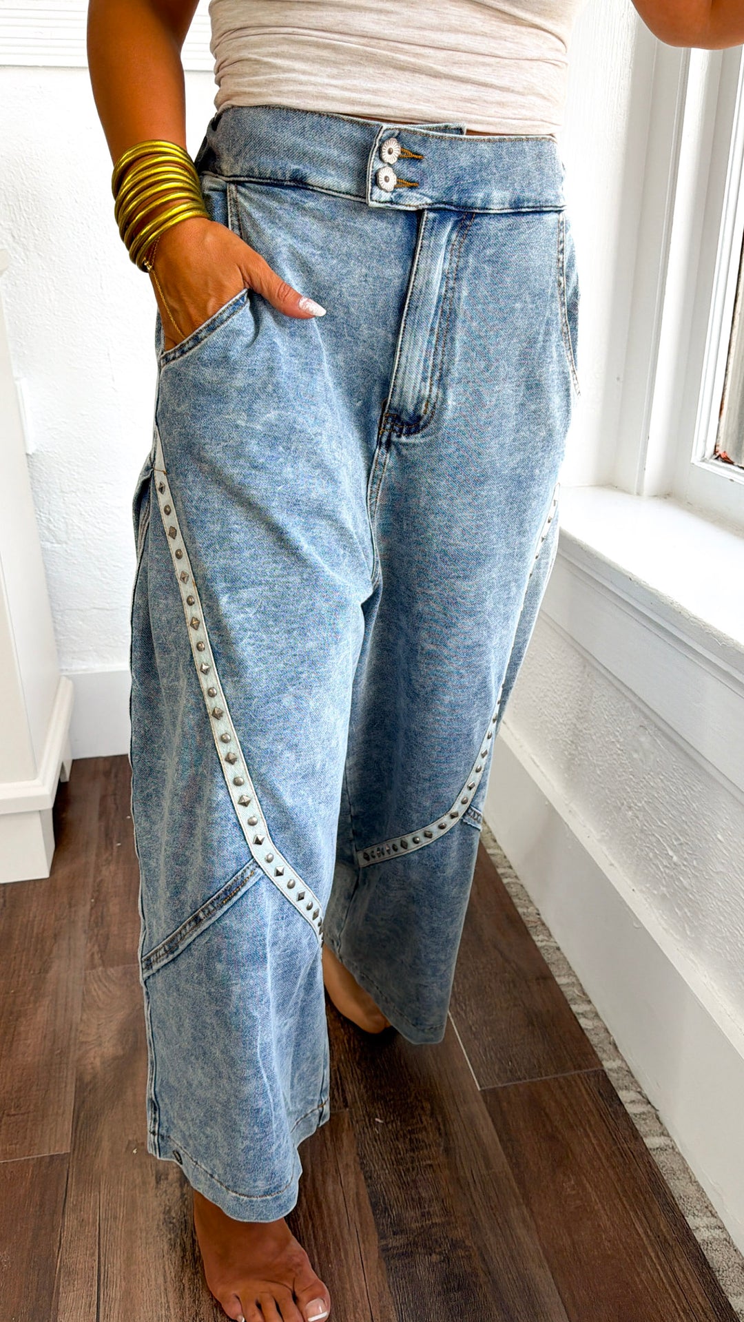 Relaxed Studded Barrel Jeans, Denim