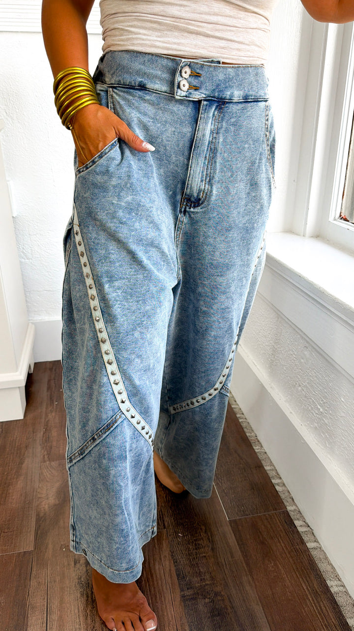 Relaxed Studded Barrel Jeans, Denim