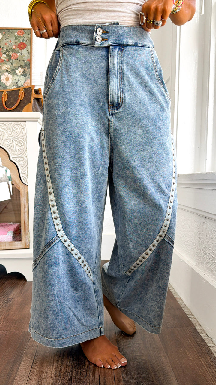 Relaxed Studded Barrel Jeans, Denim