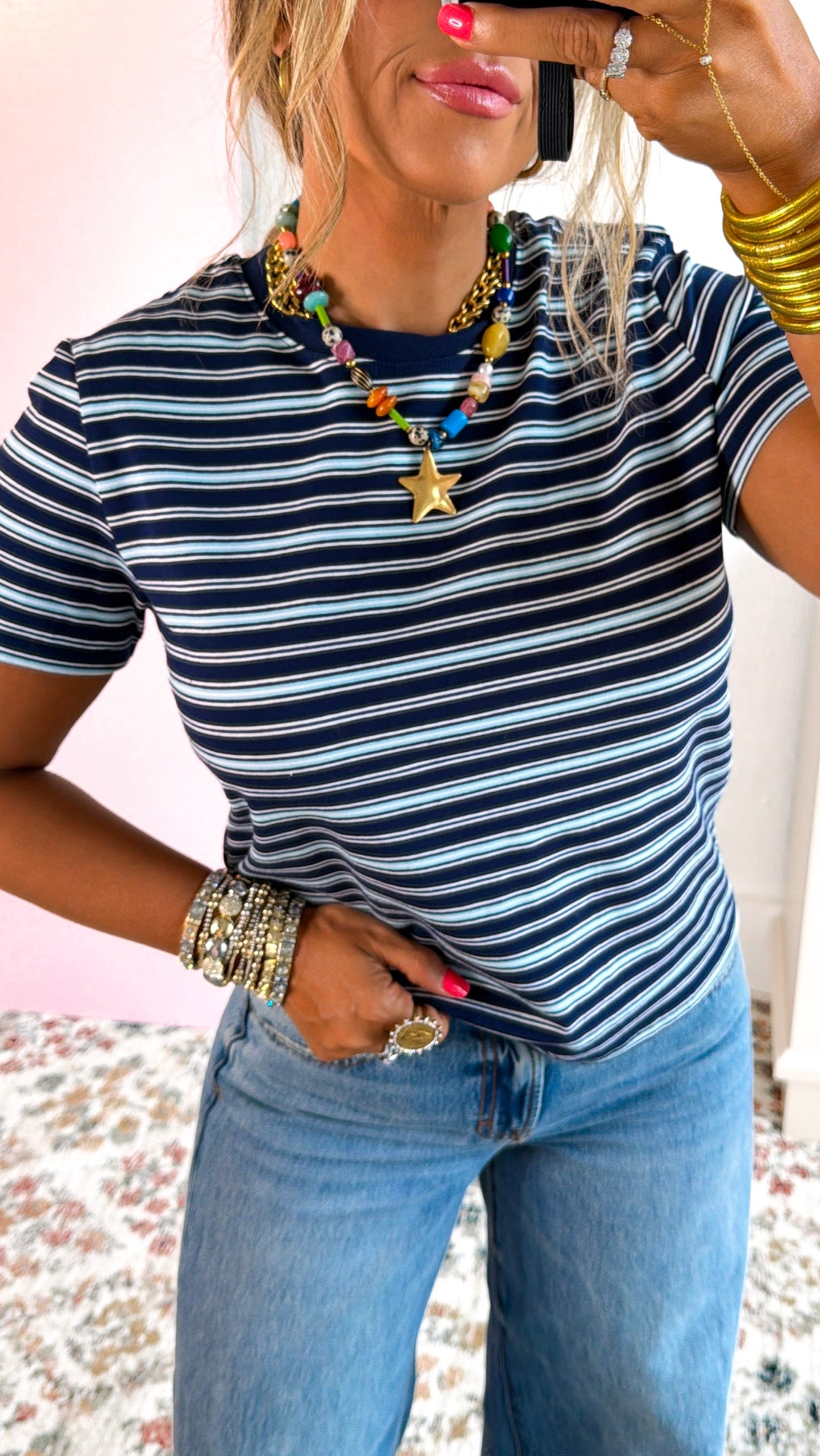 Theo Stripe T-Shirt, Navy Blue