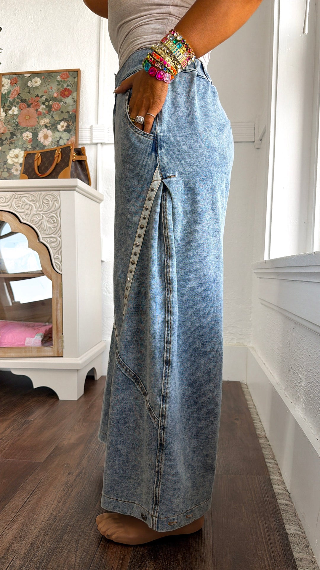Relaxed Studded Barrel Jeans, Denim