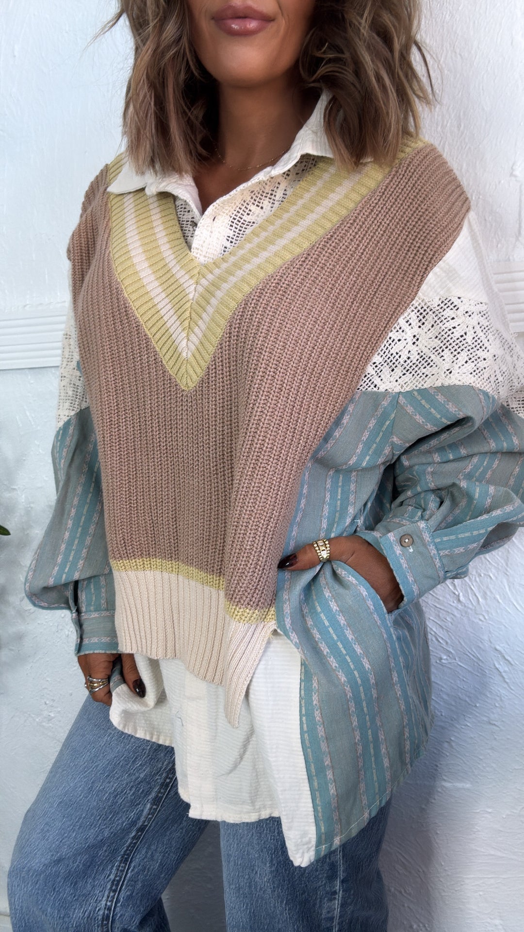 Willa Layered Vest Top, Blue/Taupe