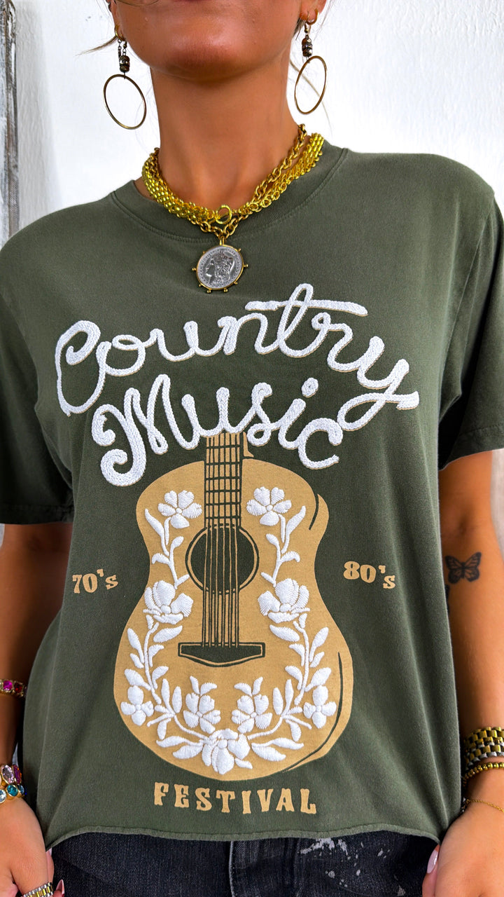 Country Music Guitar Graphic Tee, Olive