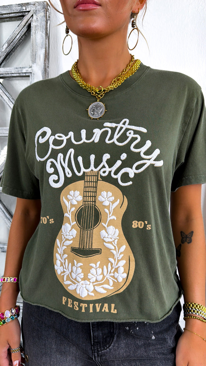 Country Music Guitar Graphic Tee, Olive