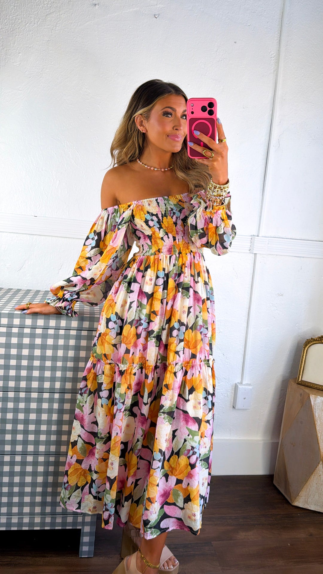 Havana Bloom Smocked Dress, Black Multi