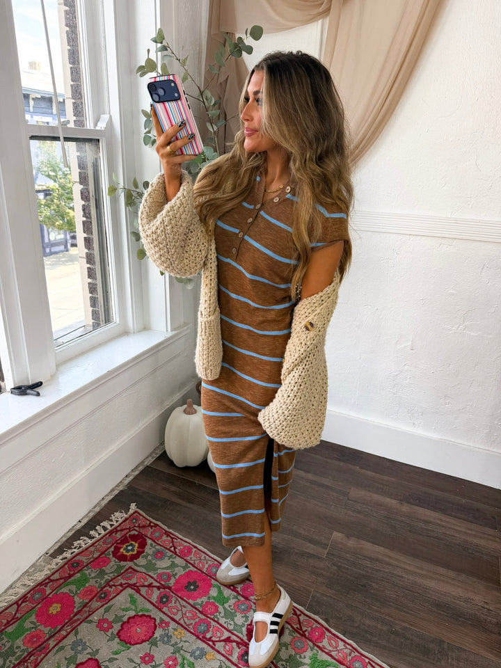 Annabelle Striped Sweater Dress, Chestnut/Capri Blue