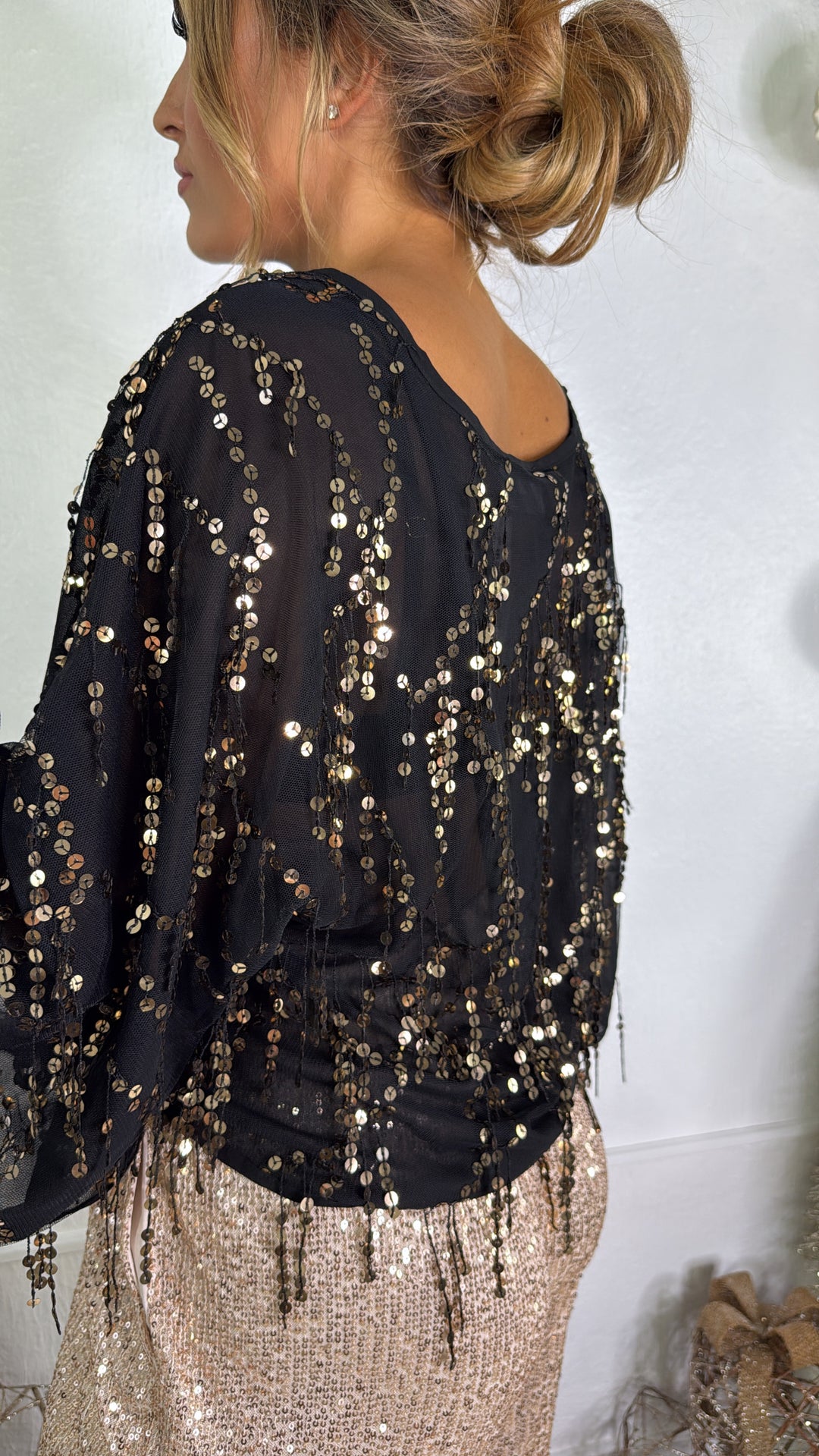 Glitz Sequin Mesh Top, Black