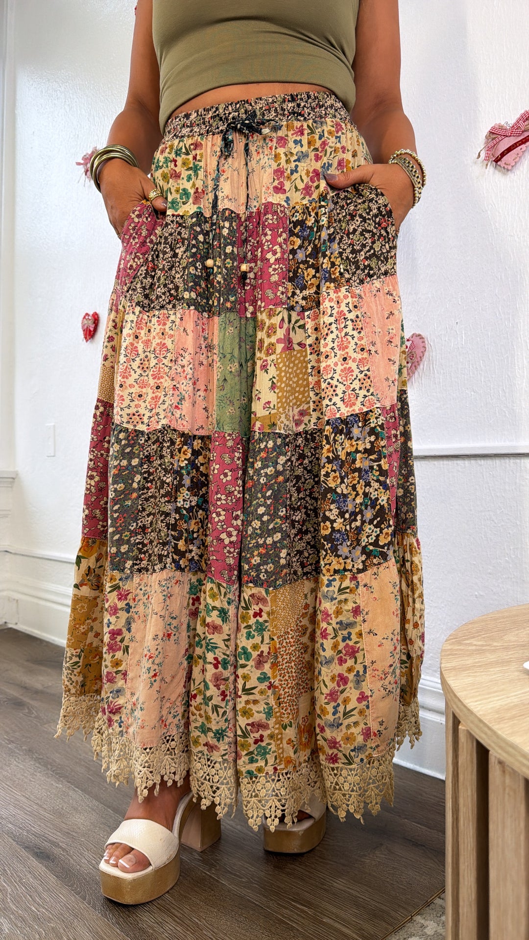 Cloverline Printed Tiered Midi Skirt, Latte