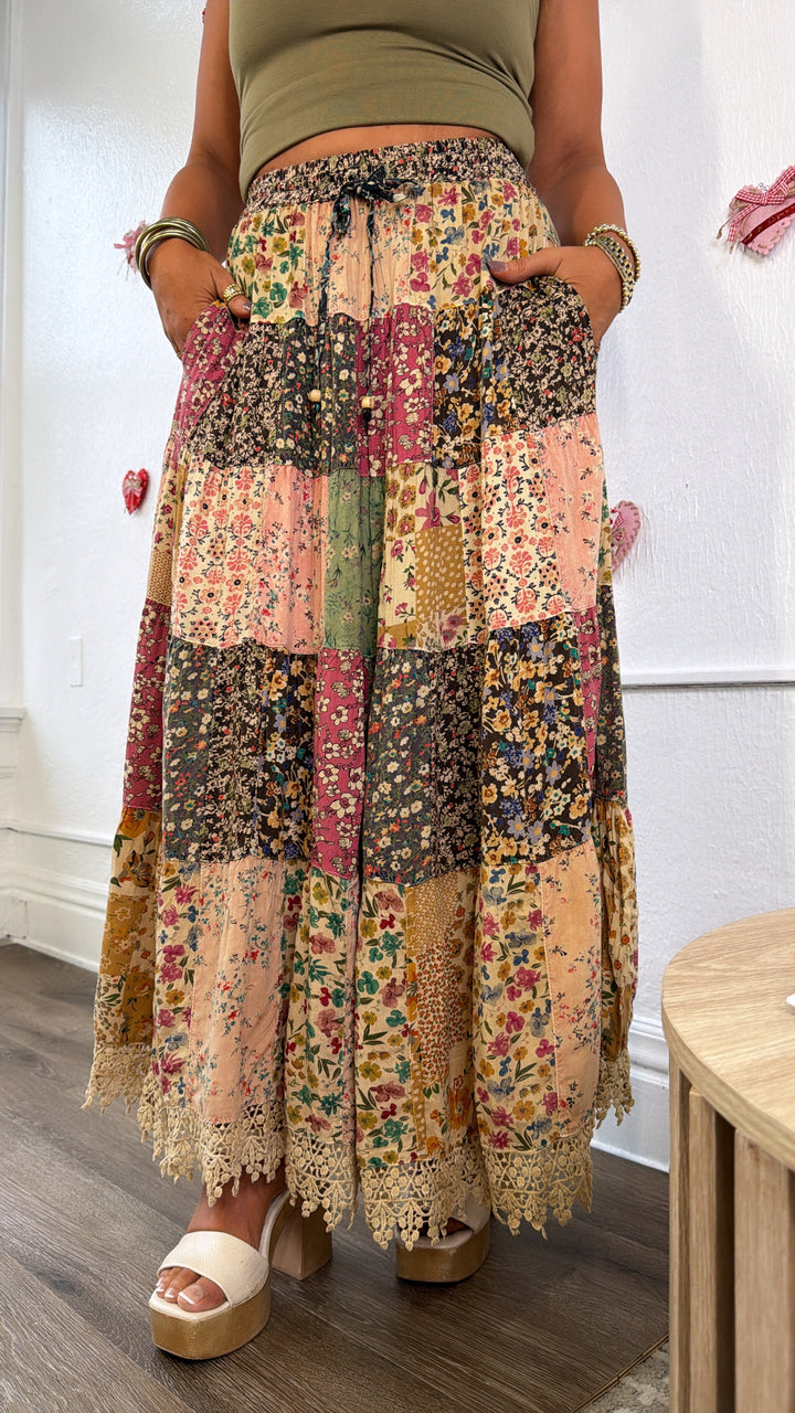 Cloverline Printed Tiered Midi Skirt, Latte