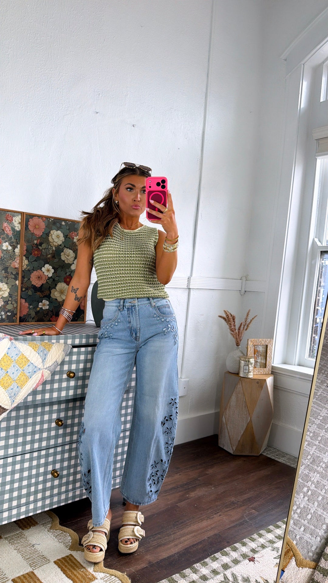 Honey Crush Crochet Sweater Tank, Sage Lemon